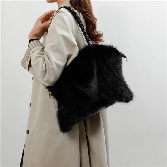 Furry Purse Winter Fluffy Bags Black - Picture 3 of 4